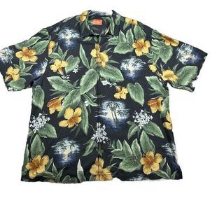 Tommy Bahama Men Hawaiian Shirt 2XT 100% Silk BlackFloral Button Up Short Sleeve